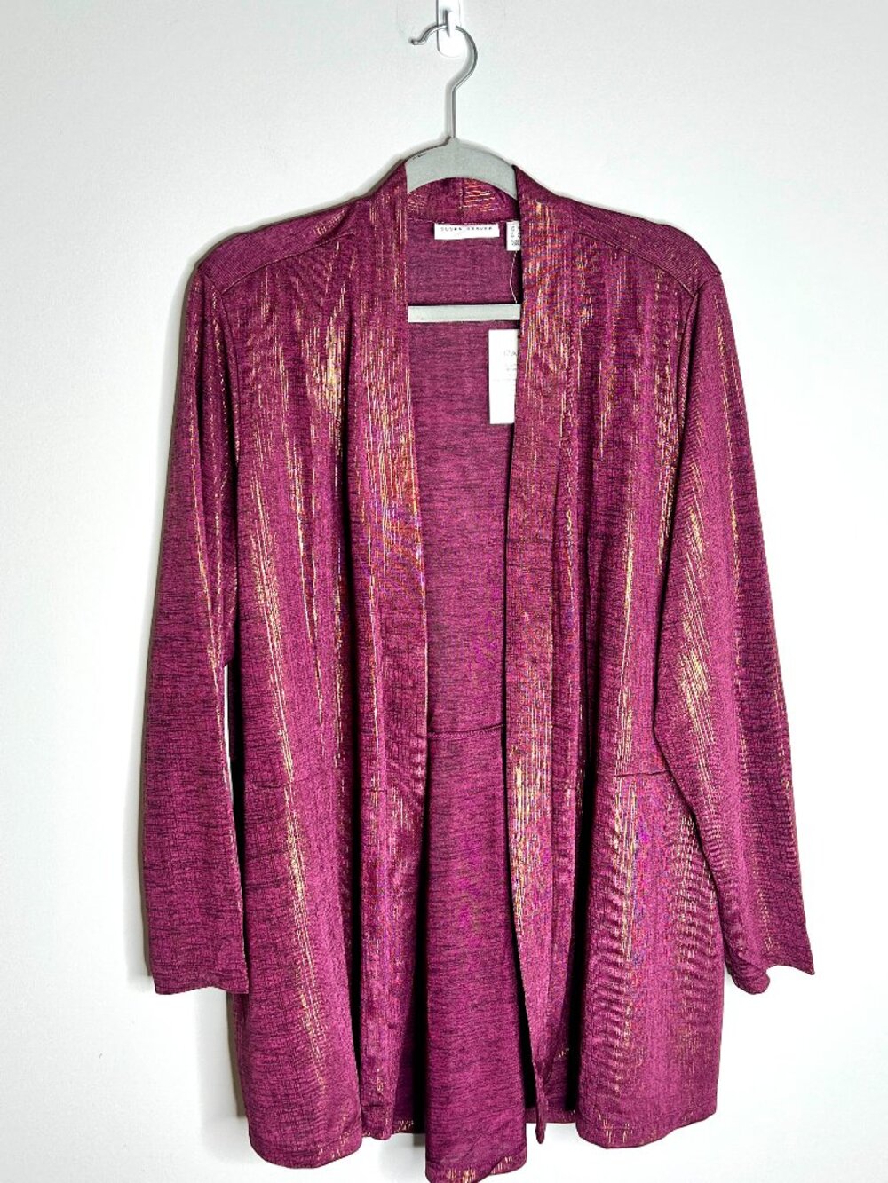 Susan Graver Purple Metallic Liquid Knit Open Front Duster Cardigan Sz 1X NWT
